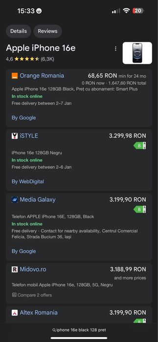 Apple iPhone 16e, 128GB, 5G,  Black , nou , in tiple , neactivat