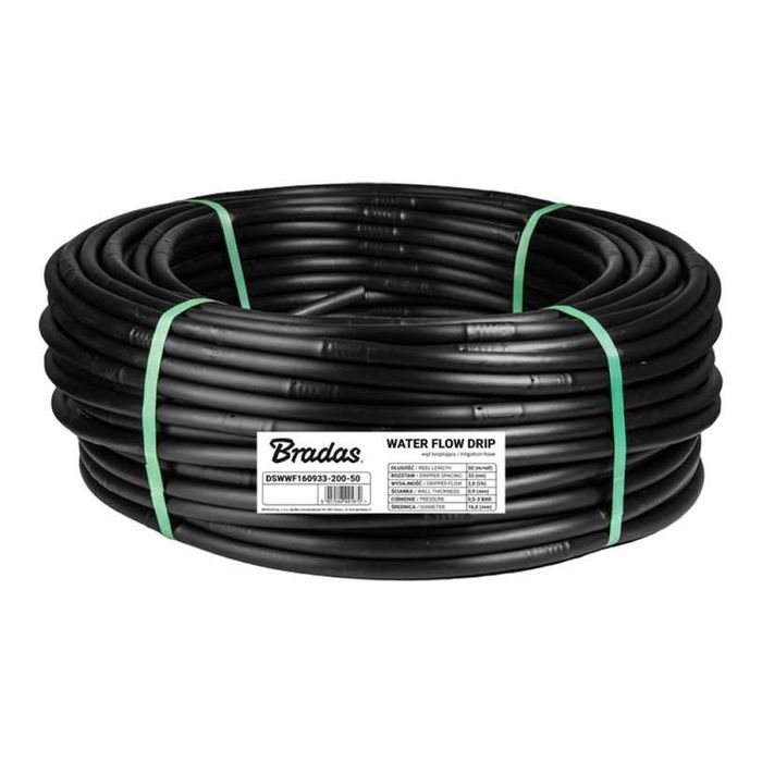 Капков маркуч ф16mm Bradas, WATERFLOW DRIP, 50 м / 33 см / 2l/h, 0.9mm черен