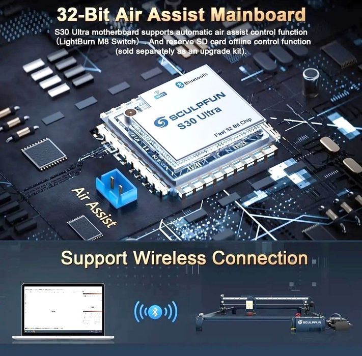 SCULPFUN S30 ULTRA 22W Лазер за гравиране и рязане с обучение и гаранц