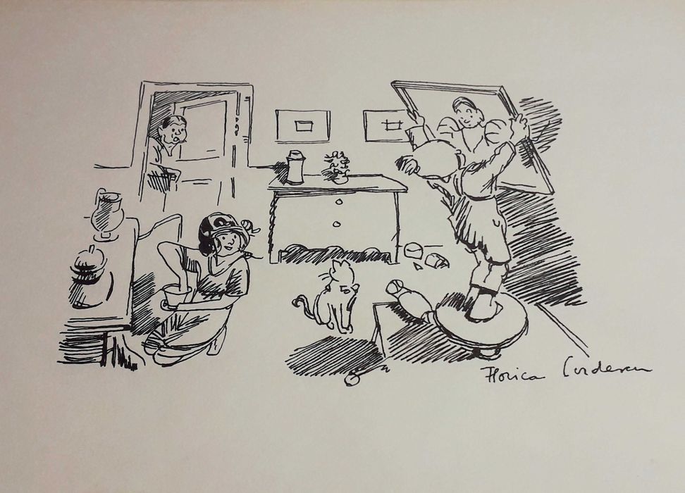 Tablou Florica Cordescu ‘Prin casa’ tus pe hartie| Vechi