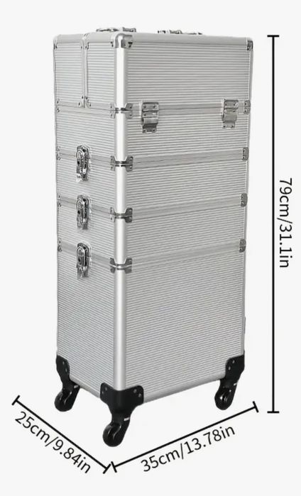 Куфар за грим 120L, 4 слоя, черна със сребристо, с колела и дръжки