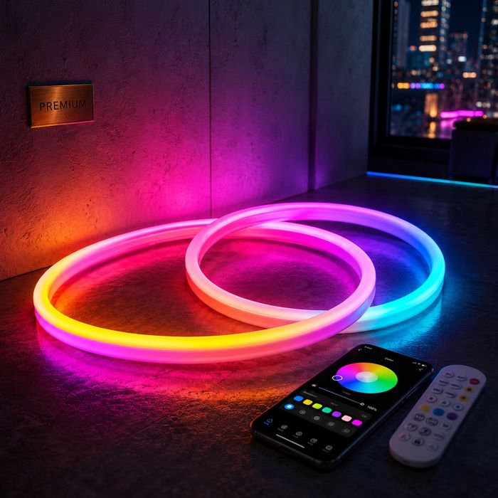 Banda LED Neon Flex RGB KWMLIGHT 5M, WiFi, Muzica, Telecomanda, IP67, 24V