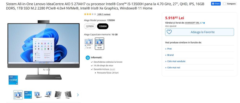 Sistem All-in-One Lenovo IdeaCentre AIO 5 27IAH7 - IN GARANTIE