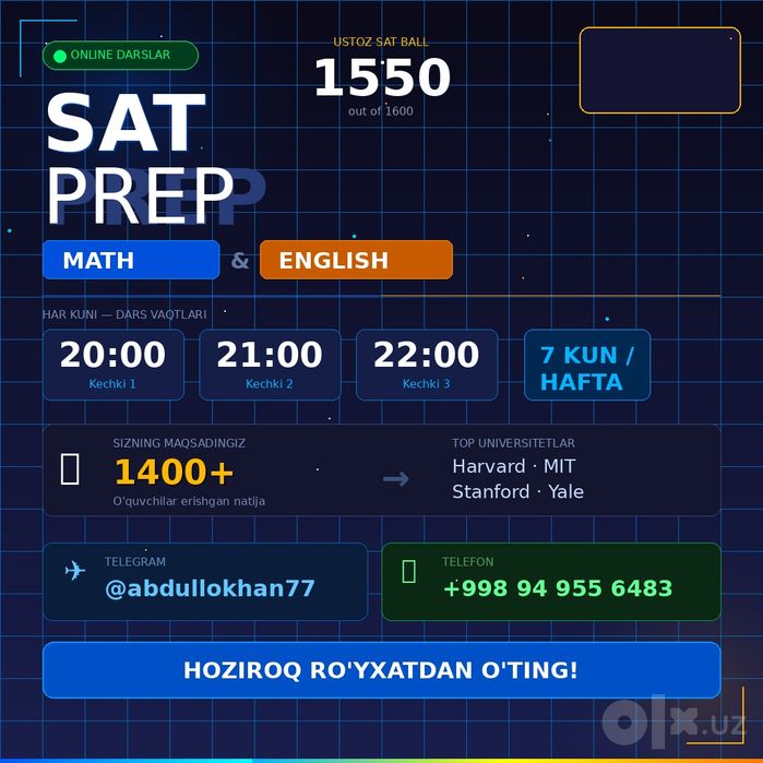 Online SAT Math va English kursiga Taklif etaman