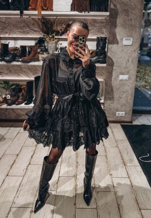 Рокля лен с памук официална дантела