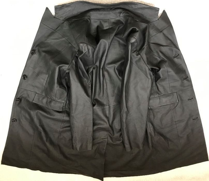 Pardesiu sacou lung negru dama piele naturala fina 3 buzunare