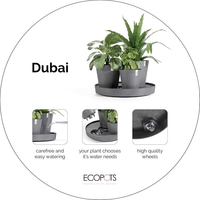 Комплект самополиващи саксии Ecopots Dubai 3 броя и подложка с колелца