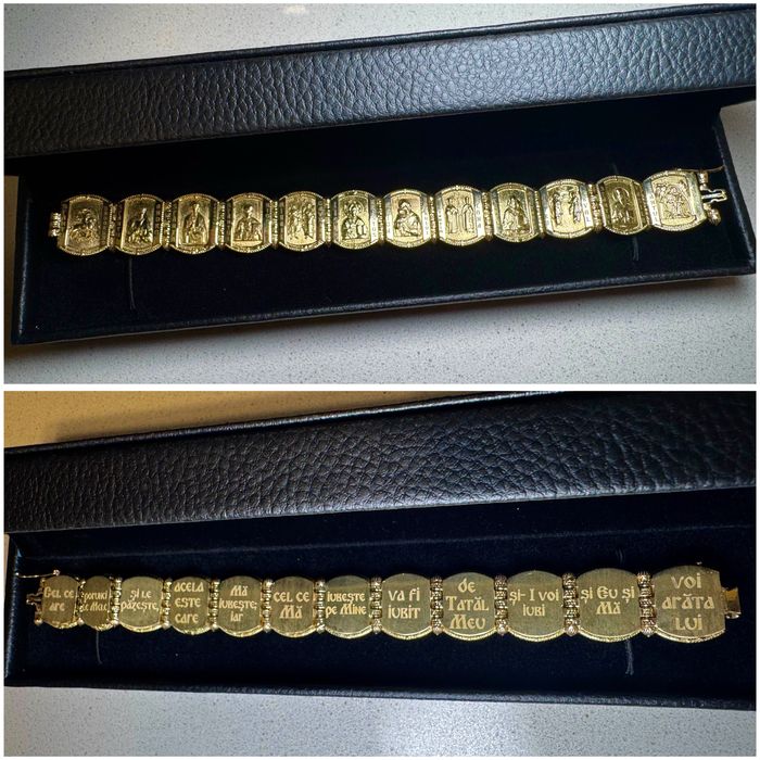 Brățară unicat din aur 14K – model religios cu 12 icoane sfinte