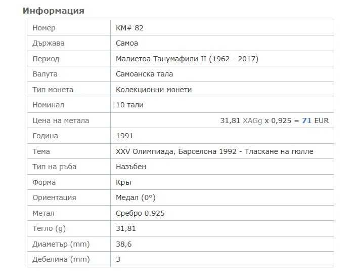 Сребърна монета 10 тали 1991 г. островна държава Самоа