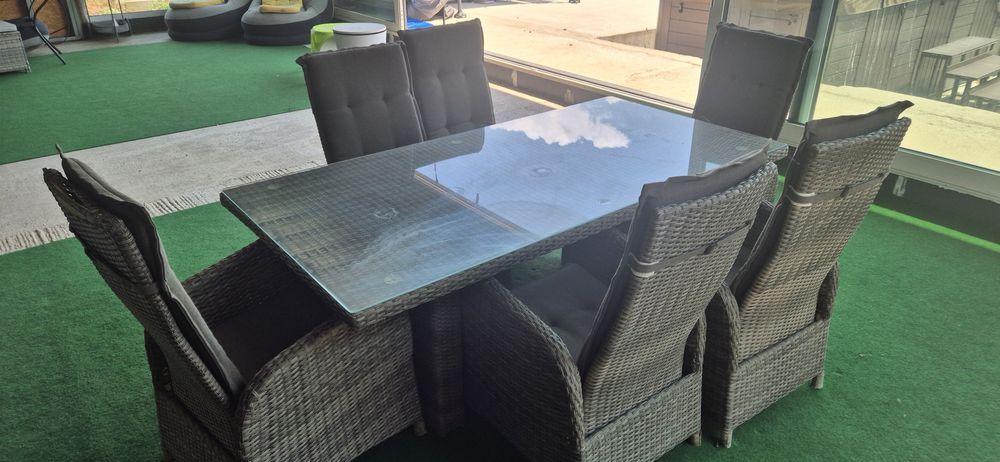 Set mobilier grădină premium – Masă + 6 scaune rabatabile, blat sticlă