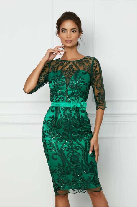 Rochie DyFashion spectaculoasa, marimea 38, verde cu datela si paiete