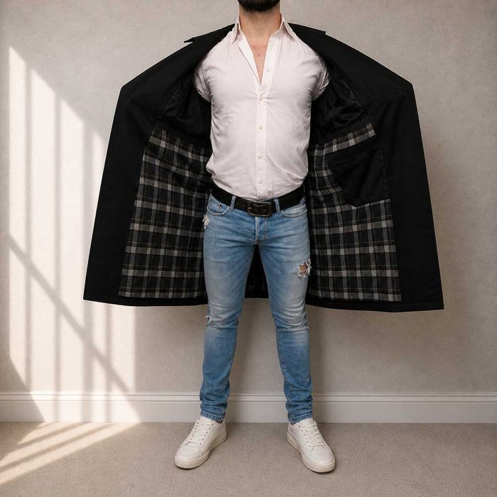 Palton trench militar negru barbati, dublu rând, căptușeală carouri, stil premium, marime L