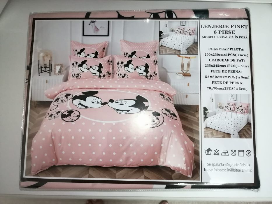 Lenjerie de pat finet, 6 piese, Minnie & Mickey Mouse, două persoane