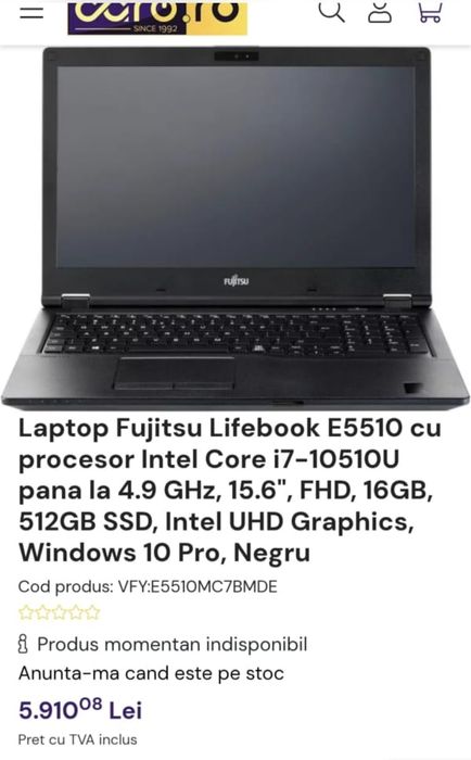 Laptop Fujitsu E5510 i7 gen 10 full HD  16gb RAM 512ssd