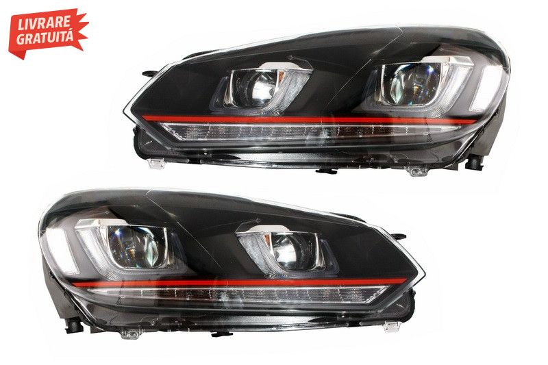 Faruri LED VW Golf 6 VI (2008-2012) Golf 7 U Design With Red Strip GTI