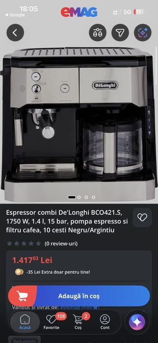 Espressor cafea delonghi bco421.s, espressor si filtru cafea premium