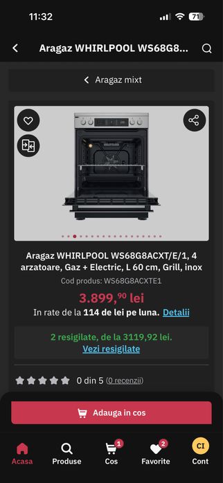 Aragaz WHIRLPOOL WS68G8ACXT/E/1, Gaz+Electric, L 60 cm, Grill, inox.