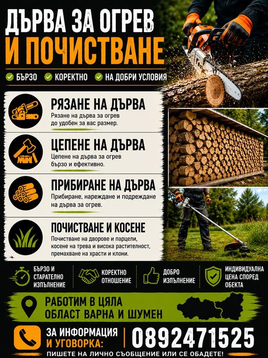 Рязане, цепене, прибиране на дърва за огрев