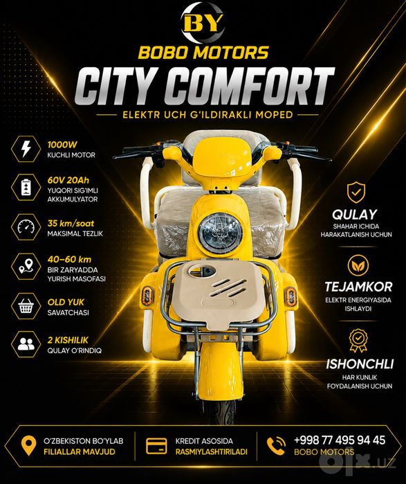 Elektr uch g'ildirakli moped- Bobo Motors
