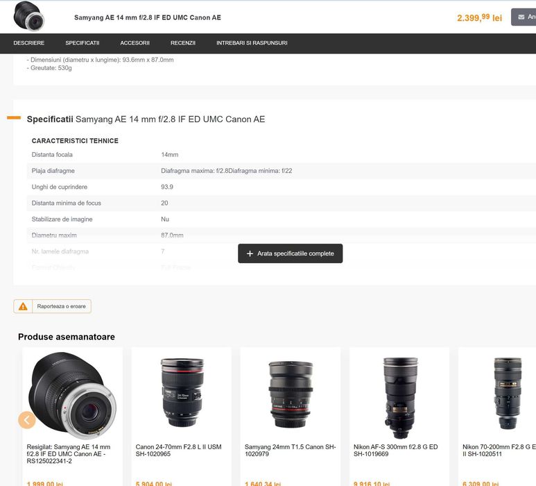 Obiectiv UltraWide SAMYANG 14 mm f2.8 IF ED UMC ASPHERICAL - CANON EF