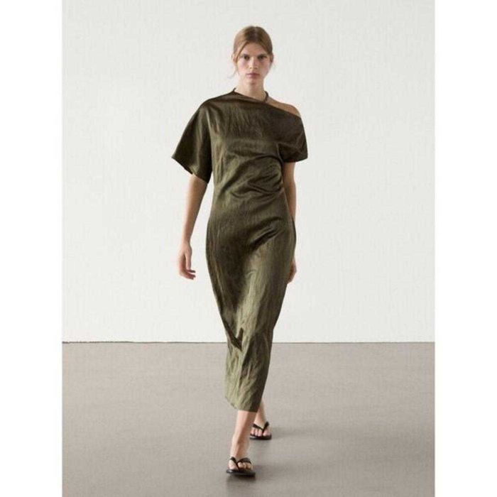 Massimo Dutti rochie midi asimetrica umar gol kaki verde superba