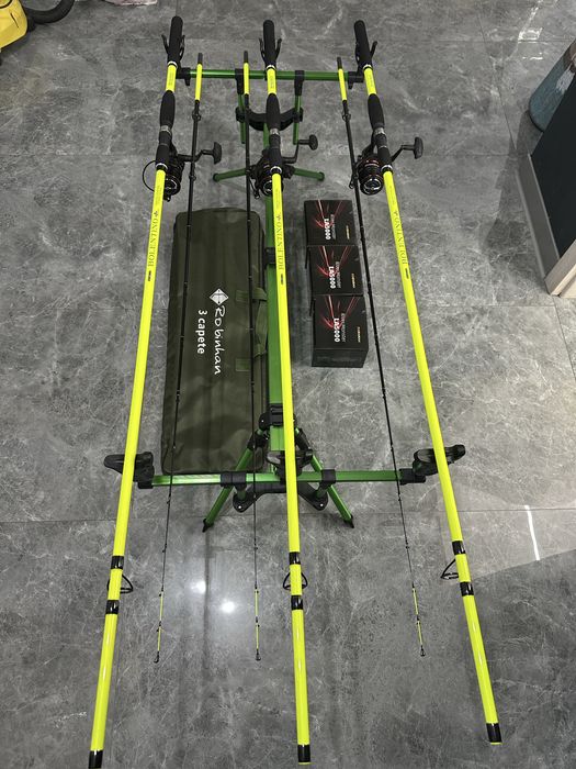 SET complet pescuit 3 lansete /feeder BOLENTINO PLUS+ 3 mulinete  Robinhab River Monster LA 5000 + Rod Pod