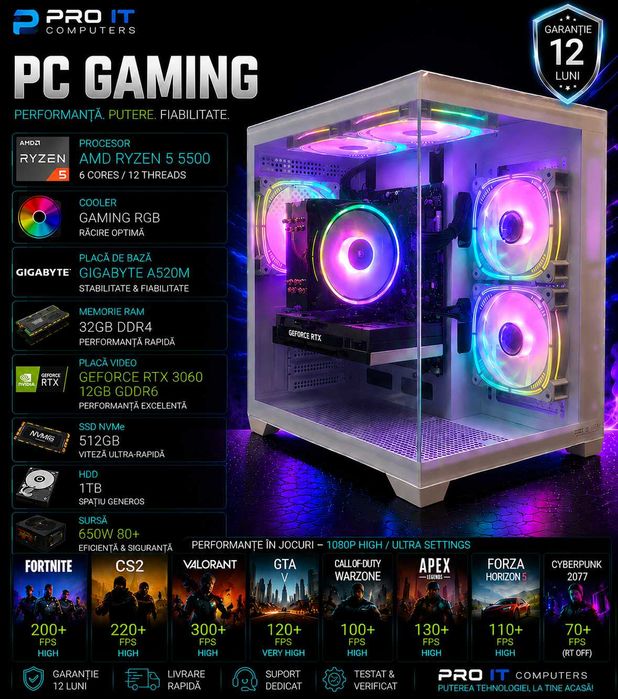 Calculator Gaming Ryzen 5500, 32GB DDR4, RTX 3060 12GB DDR6, 512 Nvme