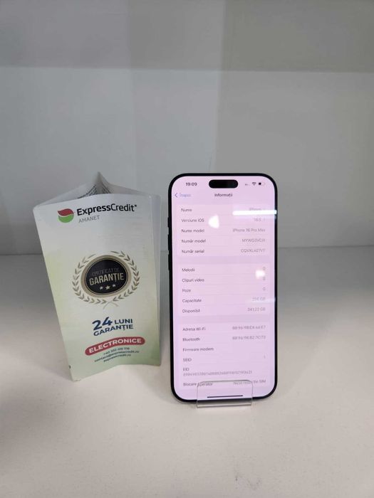 Iphone 16 Pro Max 256Gb 100% SB (Ag8 Tudor1/B74320.2) Garantie 2 Ani!
