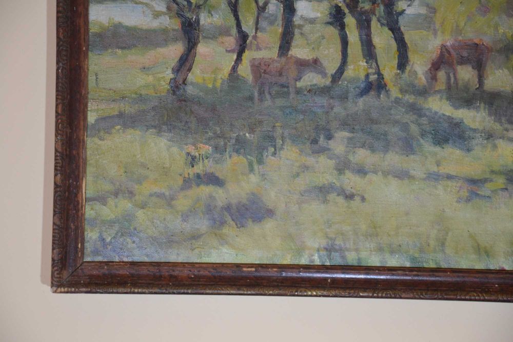 Tablou vechi pictură ulei – Peisaj impresionist cu vaci – 55x74 cm