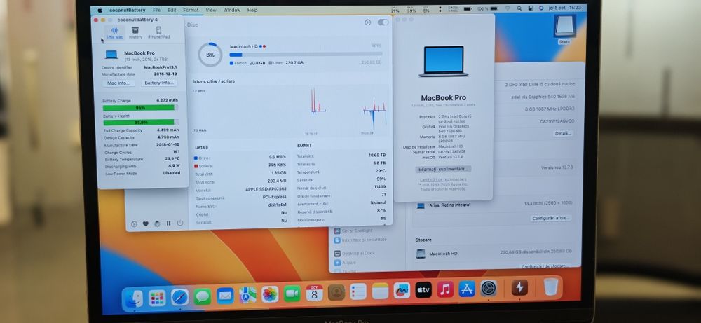MacBook Pro 13” 2016 i5 / 8GB / SSD 256GB / baterie 94% – 191 cicluri