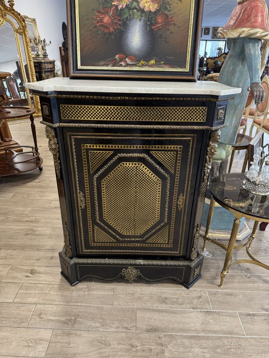 Comodă stil Boulle – intarsii din alamă, blat marmura, elemente bronz