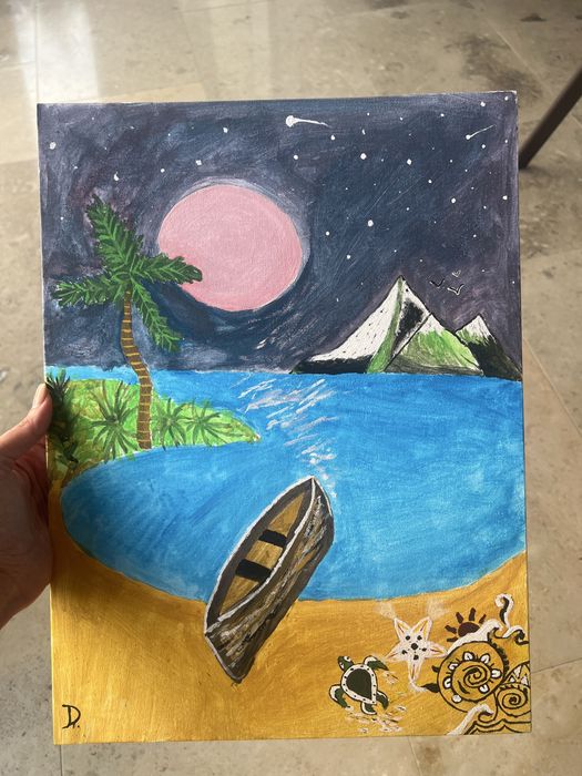 Tablou original pictat manual pe pânză, inspirat de liniștea unei insule tropicale.