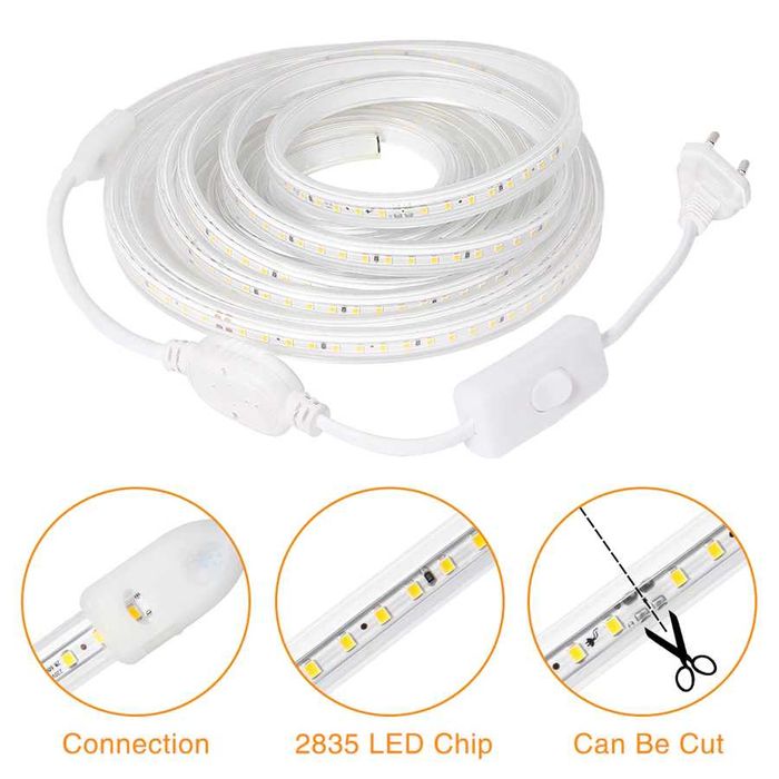 Banda LED 220V 2835 alb rece 120 LED/m 20m IP67 tub silicon