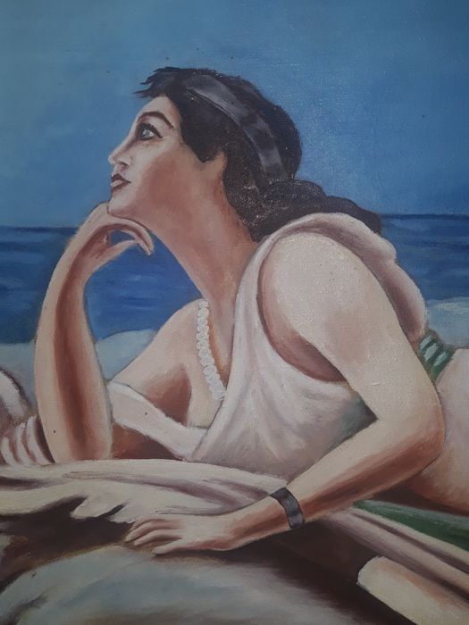 Pictură veche in ulei, pe panza, 92 cm