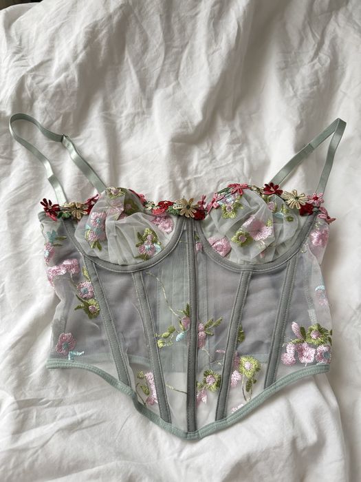 Corset lenjerie verde deschis cu broderie shein