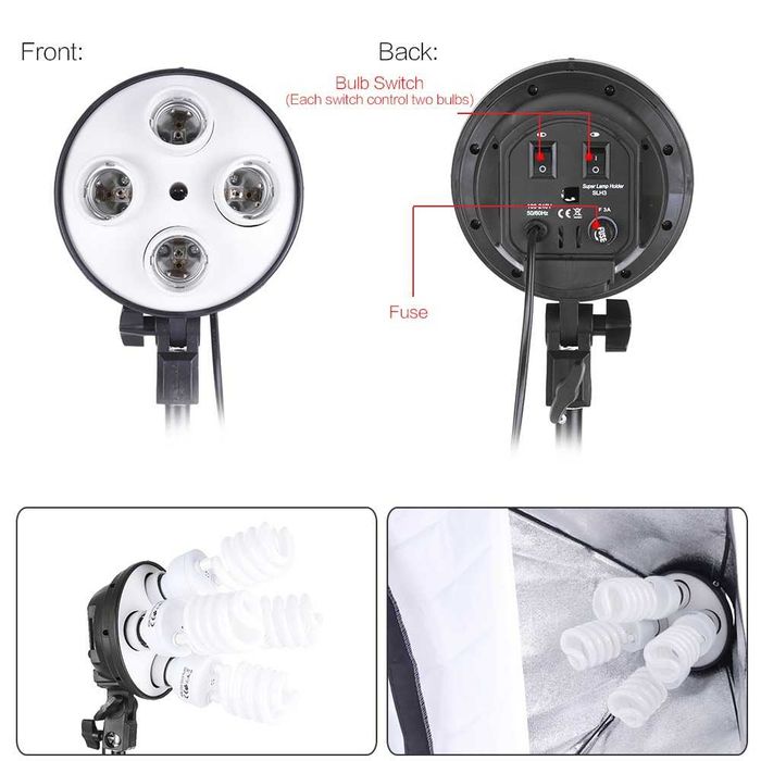 Kit studio foto, 3x softbox, suport fundal 2x3m, 12x bec 45W, 3 panze