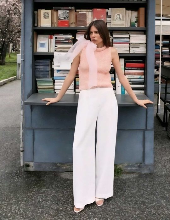 Нов трикотажен плетен топ с панделка от органза размер С на ZARA