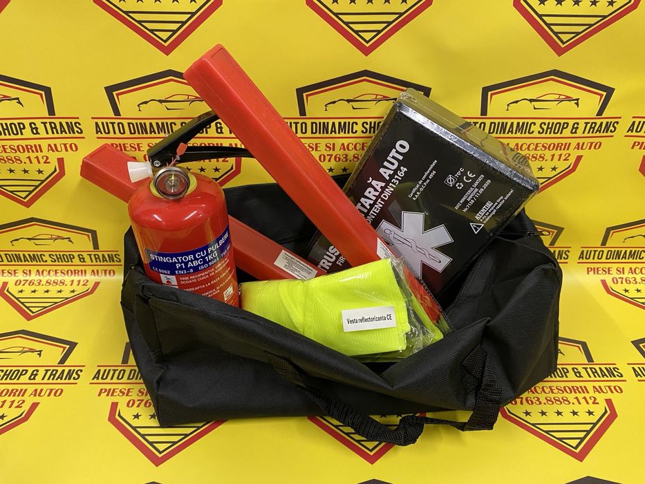 Kit legislativ auto extinctor manometru trusa medicala triunghi vesta
