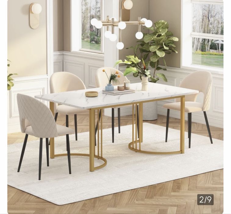 Masă dining NOUA / bucătărie modernă albă, efect marmură, 140×80 cm