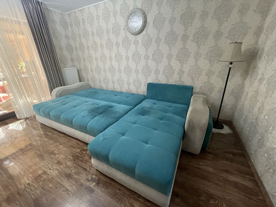 Colțar extensibil cu tabureți, turcoaz, 4–5 locuri