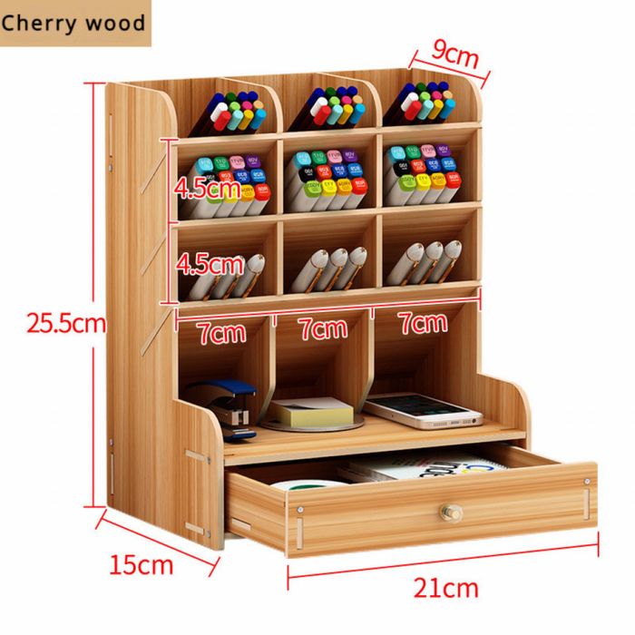 Дървен органайзер за бюро с чекмедже и многосекционно съхранение