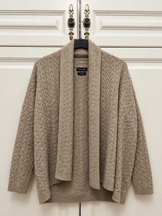 Cardigan Massimo Dutti damă din amestec de lână, bej, tricot torsadat cu guler șal, Mărimea S