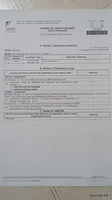 Teren intravilan Focsani vest, Vand parcela 525 m2 - 50 Euro  m2.