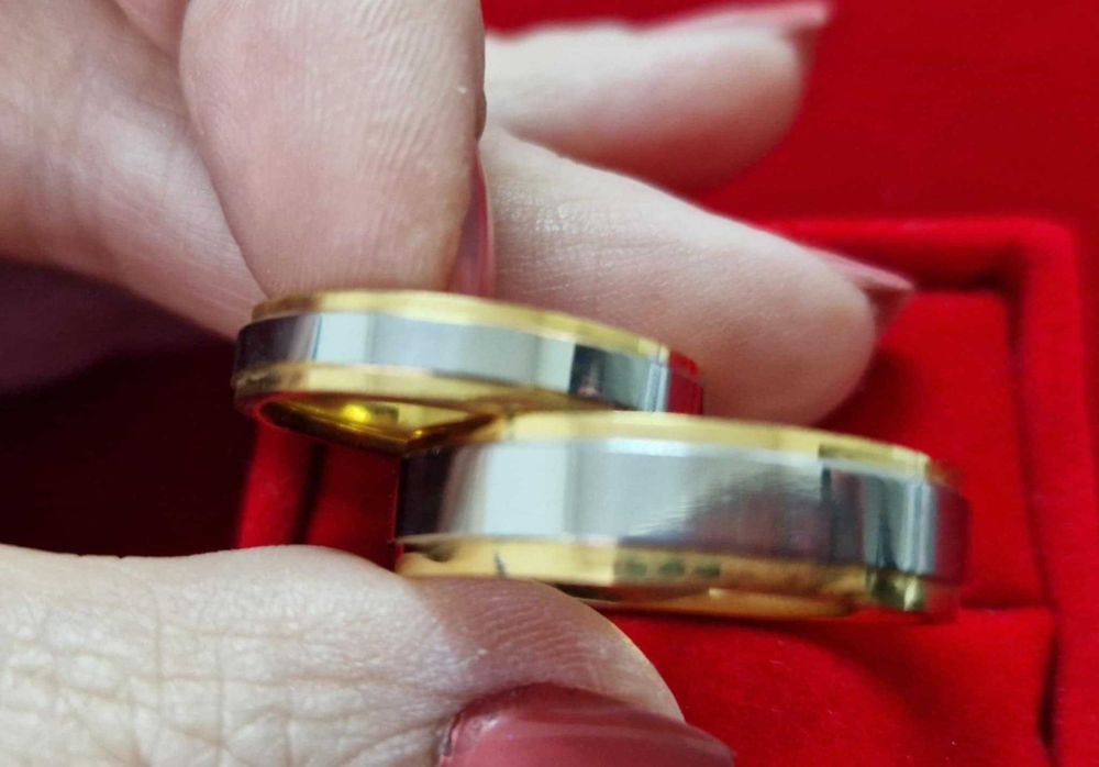 GR62,verighete placate cu alb/galben 14k, nou, marimi diverse