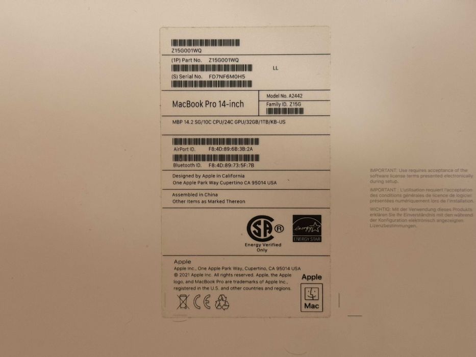 14" MacBook Pro, M1 Max, 10-core CPU, 24-core GPU, 32GB, 1TB