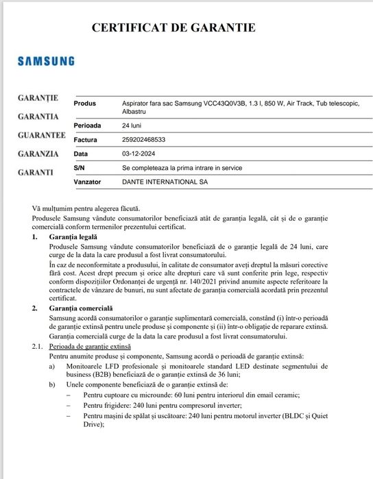 Aspirator fara sac Samsung VCC43Q0V3B, 1.3 l, 850 W