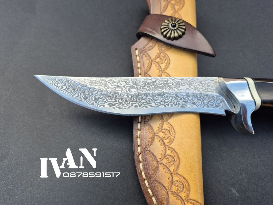 Японски ловен нож-дамаска стомана-VG10-кожена кания
