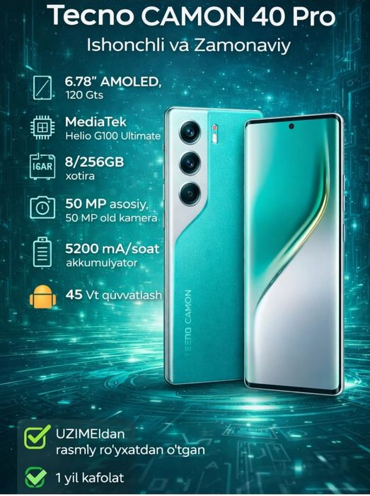 Sotaman yoki obmen Tecno camon 40 pro 8/256 4g yengi polniy komplekt