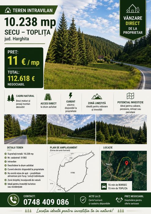 Teren intravilan 10.238 mp Secu-Toplița | Parcelabil | Ideal cabane pensiune | CF la zi aproape Borsec Toplița Bilbor