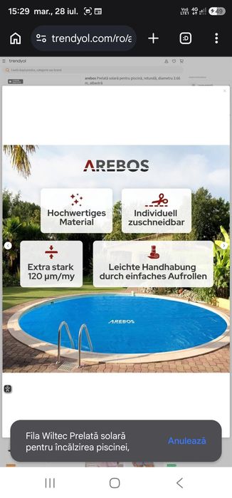 Prelată solară pentru piscină, rotundă, diametru 3.66 m, albastră